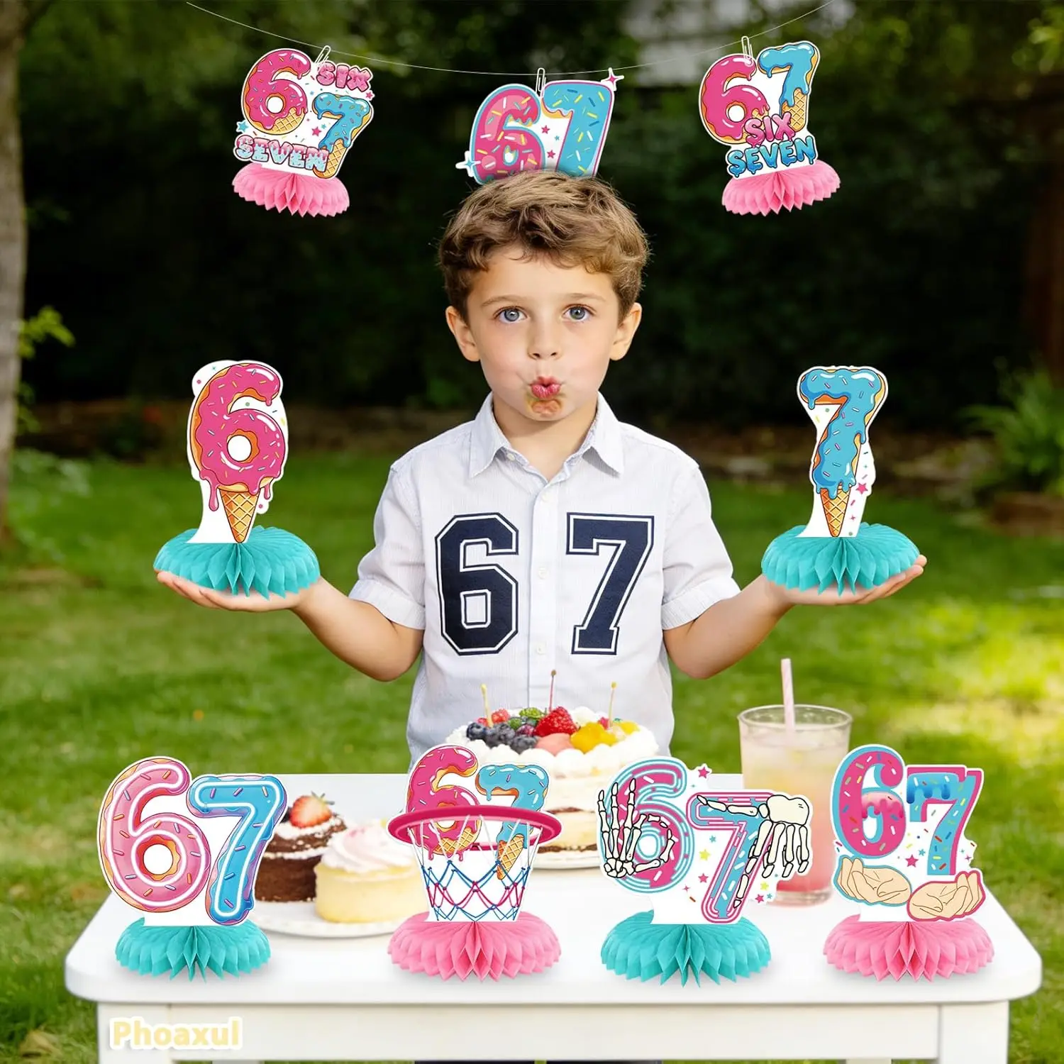 Six Seven Ground Insertion Birthday Outdoor Garden Party Decorations 67 Honeycomb Hanging Banner Desktop Center Piece Kids Favor - view 4