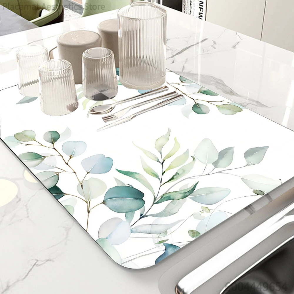 Watercolor Style Plant Flower Rose Mat Super Absorbent Non-slip Draining Pad Kitchen Tableware Drying Mat