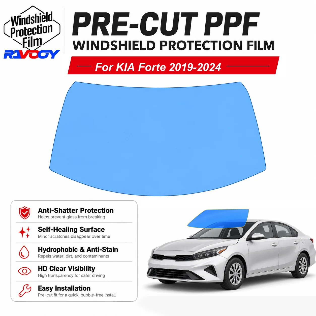 RAVOOY Pre-Cut Front Windshield Protection Film For KIA Forte 4D Sedan 2019-2024 6.5mil Clear TPU UV Blocking Hydrophobic Kit