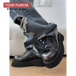 Thick soled round head leather shoes men's shoes niche Derby Derbies shoes worn, brushed, lace up casual shoes dark style