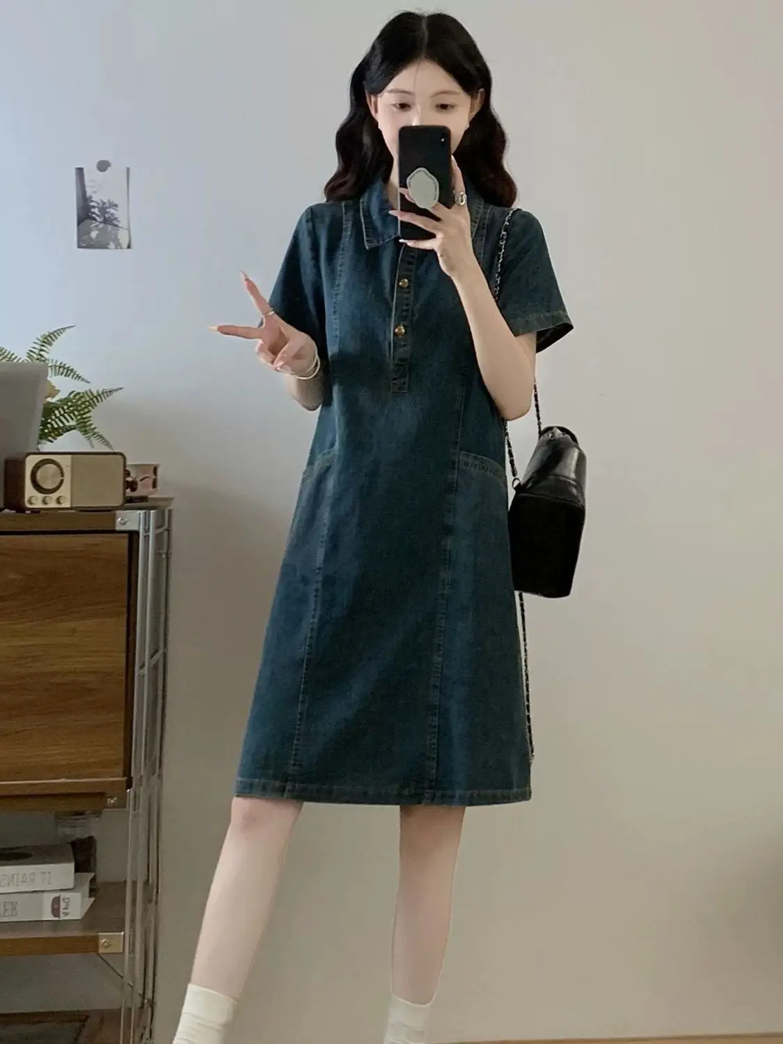 Fashionable Korean Style Denim Shirt Dress Women Summer New Loose Belly Covering Slimming Midi Skirt Casual Cotton Blend