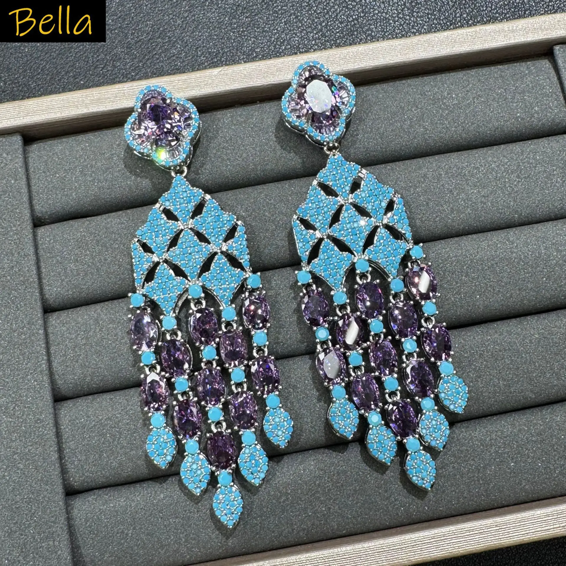Gorgeous cubic zirconia earrings for women jewelry long chain dangling earrings for gala event dinner party blue yellow white