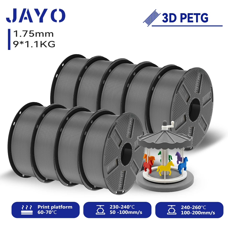 JAYO 9,9 kg 3D PETG/PETG Klares Druckerfilament 1,75 mm ±0,02 mm Hohe Zähigkeit & 100 % ordentlich gewickeltes 3D-Druckfilament, passend für 99 % der 3D-Drucker