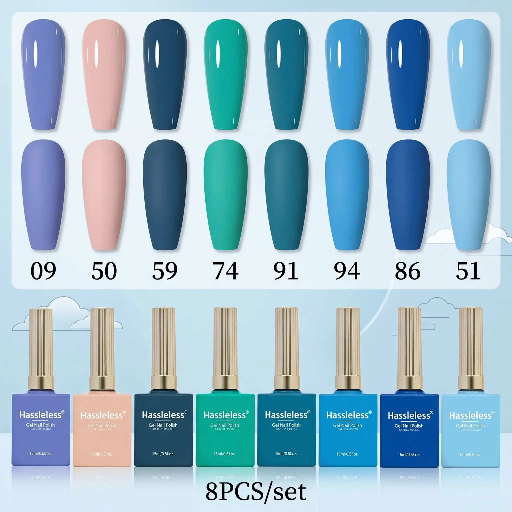 Hassleless 8Pcs Nail Polish Gel Set 15ml Uv Nail Polish Gel Fresh Blue Nude Color Nail Gel Long-Lasting Whitening DIY Nail Salon Set
