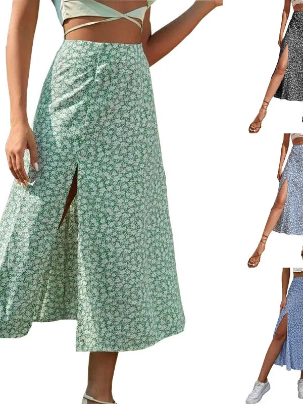Floral Print Half-length Skirt Women's Mid-waist Design Summer New Style Cross-border Fashion Open-cut Bodycon Cotton Skirt