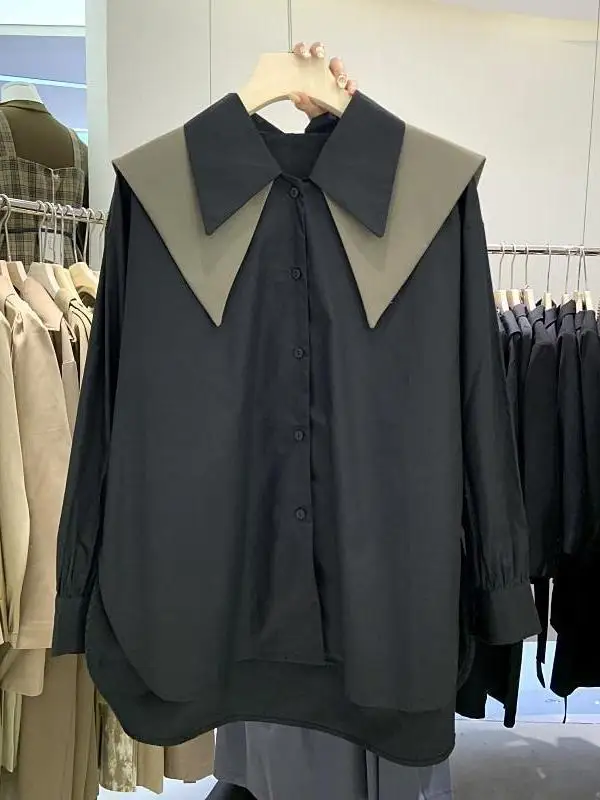 Double Layer Doll Collar Color Block Anti-Aging Women's Shirt Dongda Gate Spring Autumn New Design Korean Style Loose Fit Lon...
