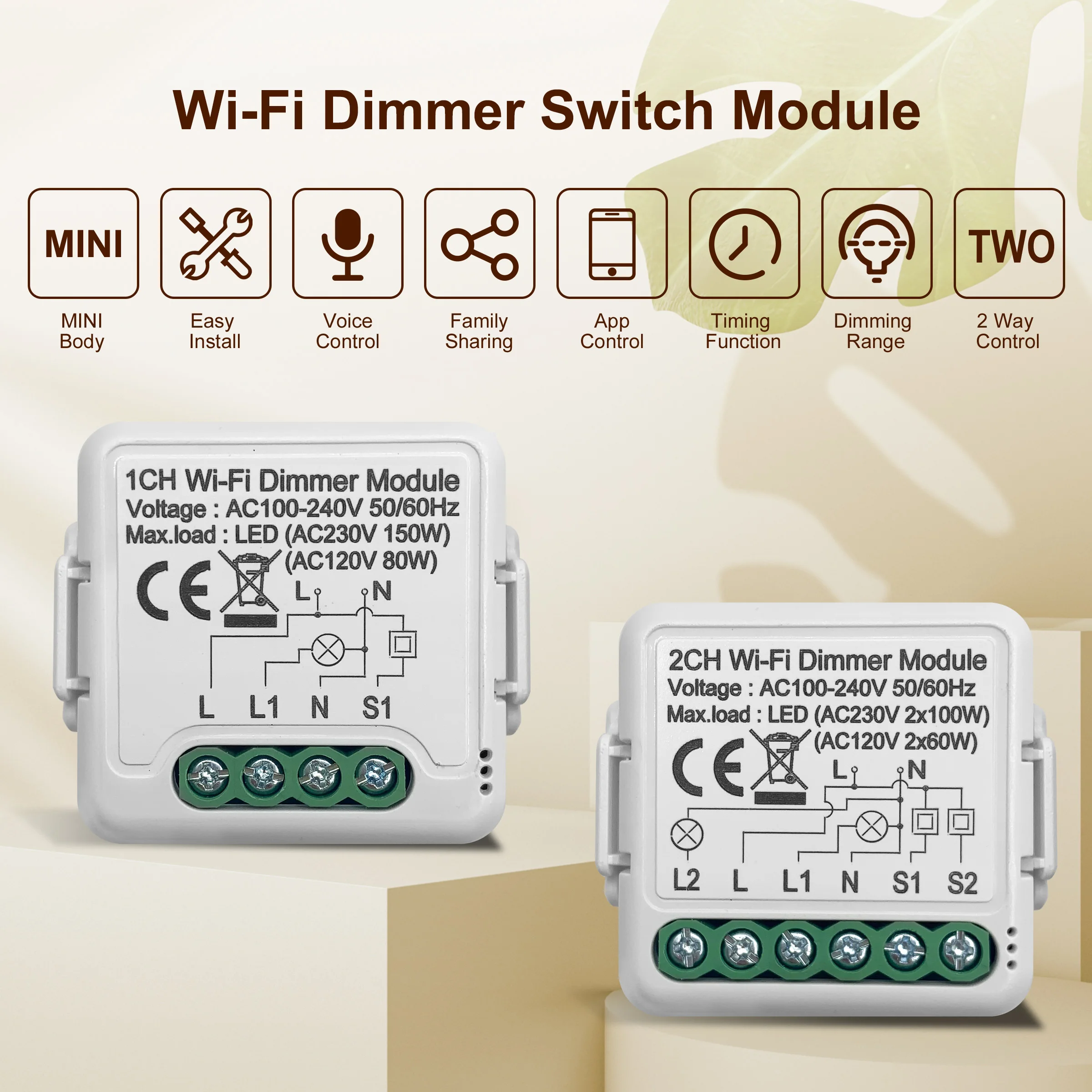 

Tuya WiFi Smart Dimmer Module 10A 1/2 Gang Dimmable Light Switch with 2-Way Control Works with Alexa & Google Home