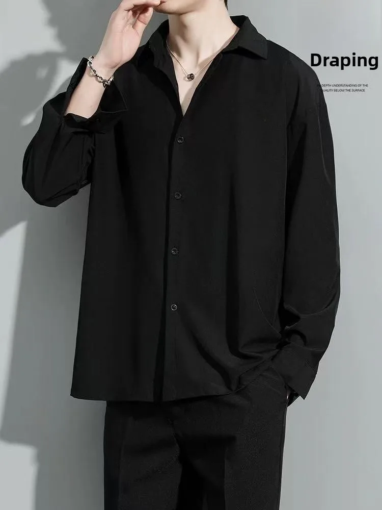 

Bla Long Sve Men's irt Spring Autumn New Loose Casual Ice Silk No Ironing Required Men's Outerwear Lapel Button Sle