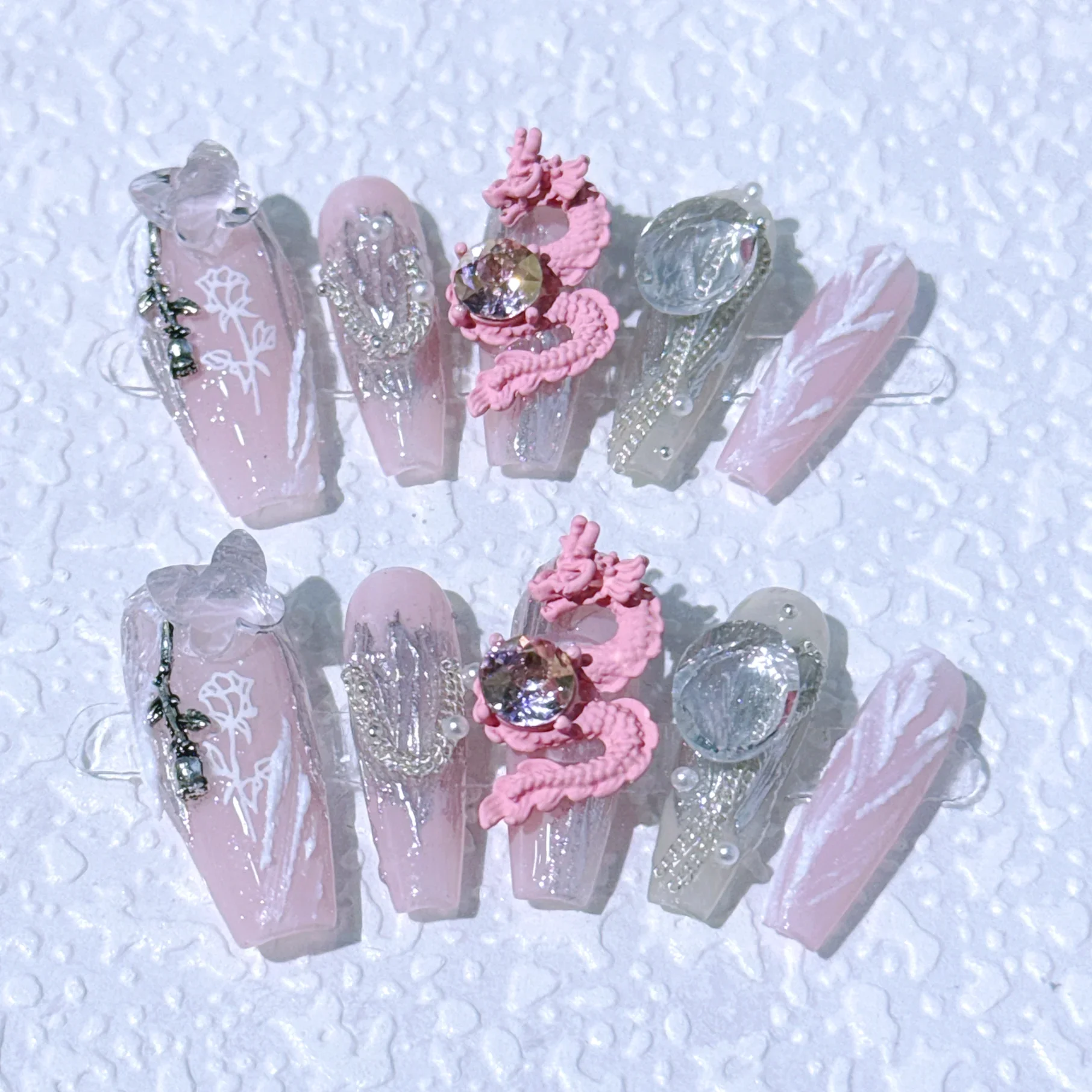 10Pcs Pink Cool Handmade Nail Long Coffin Press on Nails Sculpture Dragon Design Nail Tips Removable Y2K Artificial Nails China