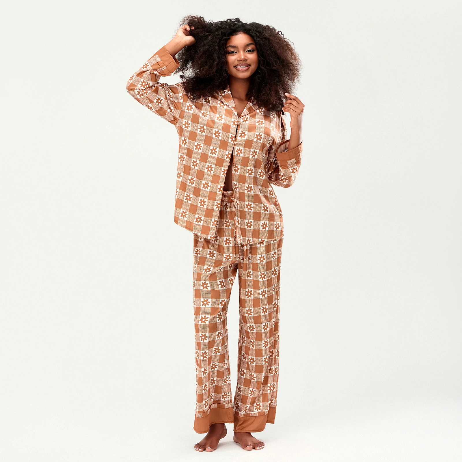 

Women Autumn Satin Pajama Set Floral Silk Pajamas 2 Piece Loungewear Sets Button Down Shirts Wide Leg Pants Pjs Sleepwear