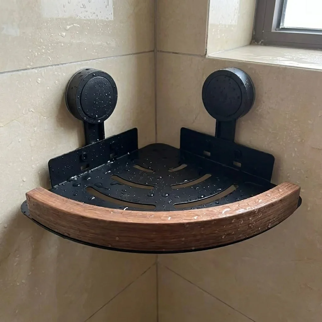 Suction Cup No-Drill Corner Shelf, Stainless Steel Bathroom Wall Mounted Organizer, Walnut Wood Triangle Caddy for Shower Toilet