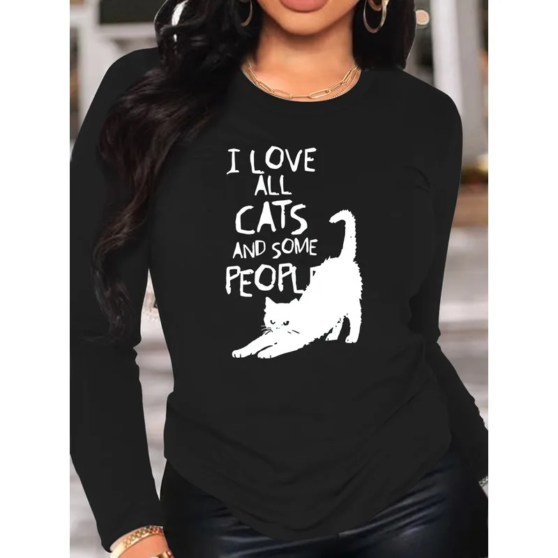 Women's Long Sleeve T-Shirt I Love All Cats And Some People Cat Graphic Crew Neck Slim Fit Spring Fall Tops