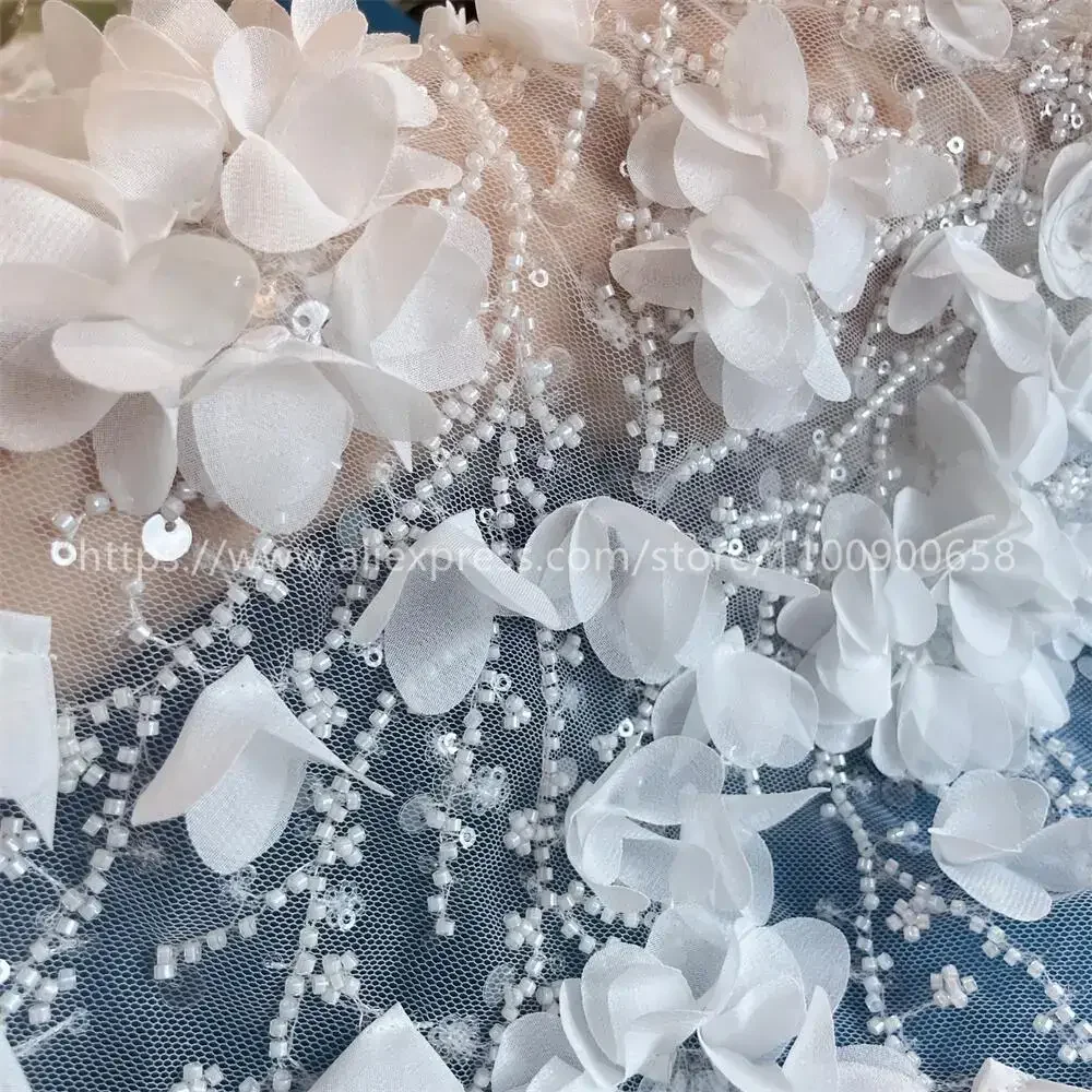 3D Beaded Embroidery Lace Fabric, Laser Chiffon Flowers Applique, Sewing Fabric for Wedding Dresses, Off White, High Quality