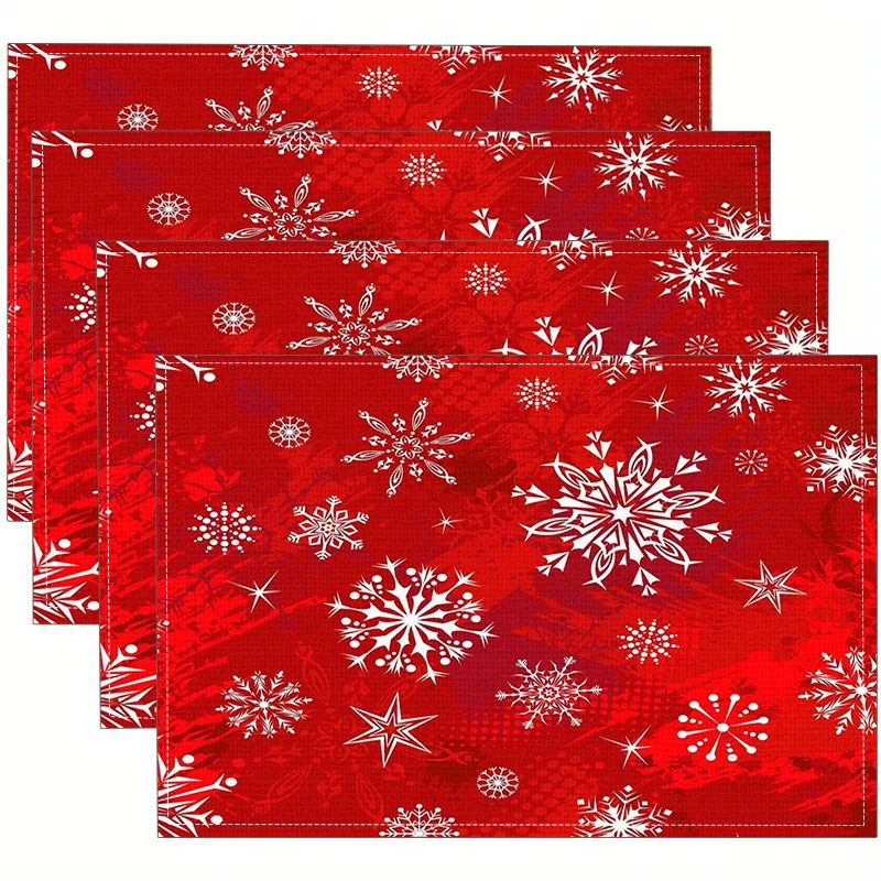 4pcs Red White Snowflake Christmas Placemats, Festive Table Decor for Holiday Dinners & Parties, 2D Flat