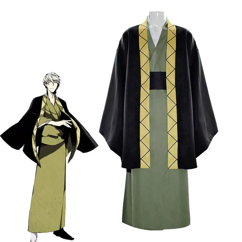 Bungou-Anime Yukichi Cosplay Costume, Japão Samurai Uniforme, Fato completo, Quimono Verde, Interpretação de Halloween, Cães vadios, Fukuzawa