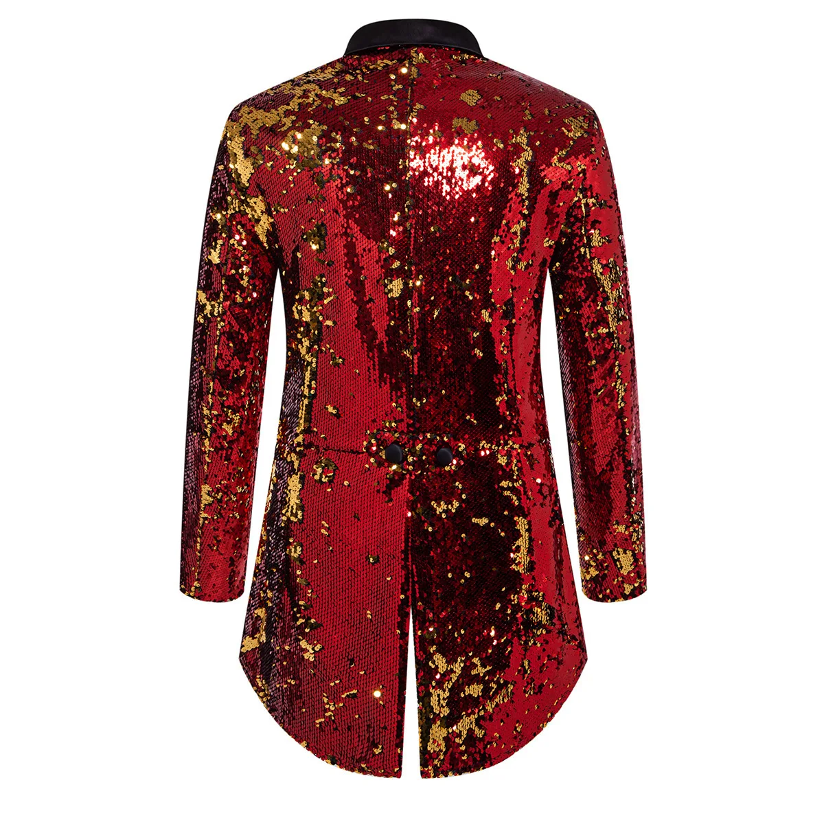 Esmoquin de lentejuelas brillantes para hombre, chaqueta de traje de cárdigan largo, color rojo metálico, para actuación en escenario, fiesta, S-XXL