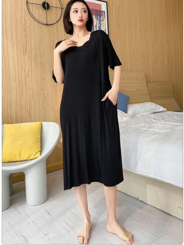 150kg Extra Large Size Summer Loose Home Dress with Pocket Thin V-neck Short Sleeved Pajamas Solid Long Loungewear Plus Size 3XL