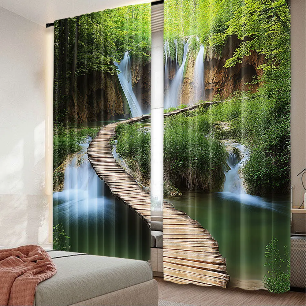 2Pcs Natural Scenery Window Curtain Waterfall Landscape Scenery Modern Simplistic Drapes Suitable For Bedroom Bathroom Living