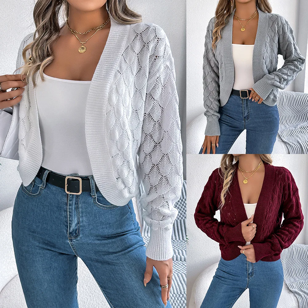 2025 Color sólido calado linterna manga larga cárdigan suéter Chaqueta corta Otoño Invierno mujer suéter Tops suéteres