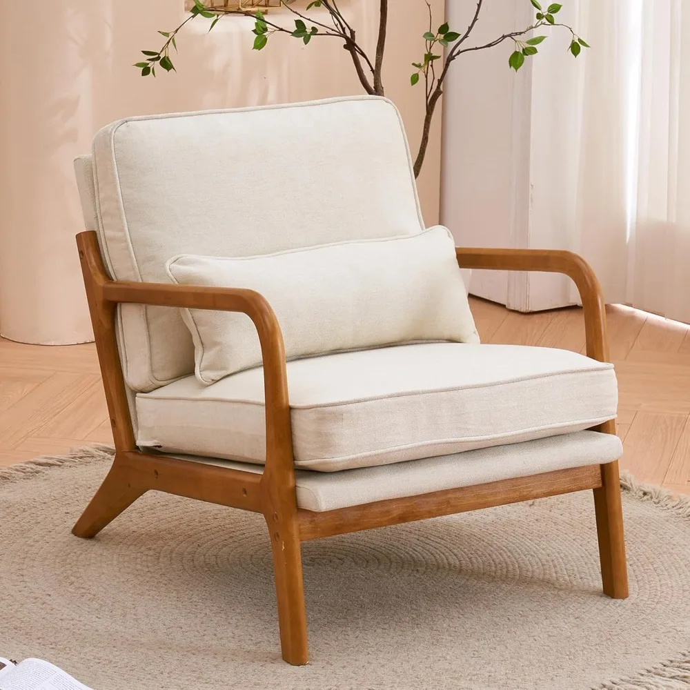 

Mid-Century Modern Lounge Chair, Wood Frame, Linen Armchair, Comfortable Reading Lounge Chair with Cushions
