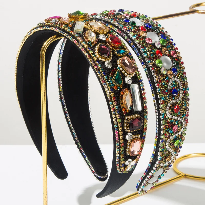 New retro heavy industry baroque style inlaid with colored irregular glass diamond headband women's wide edge full diamond hair