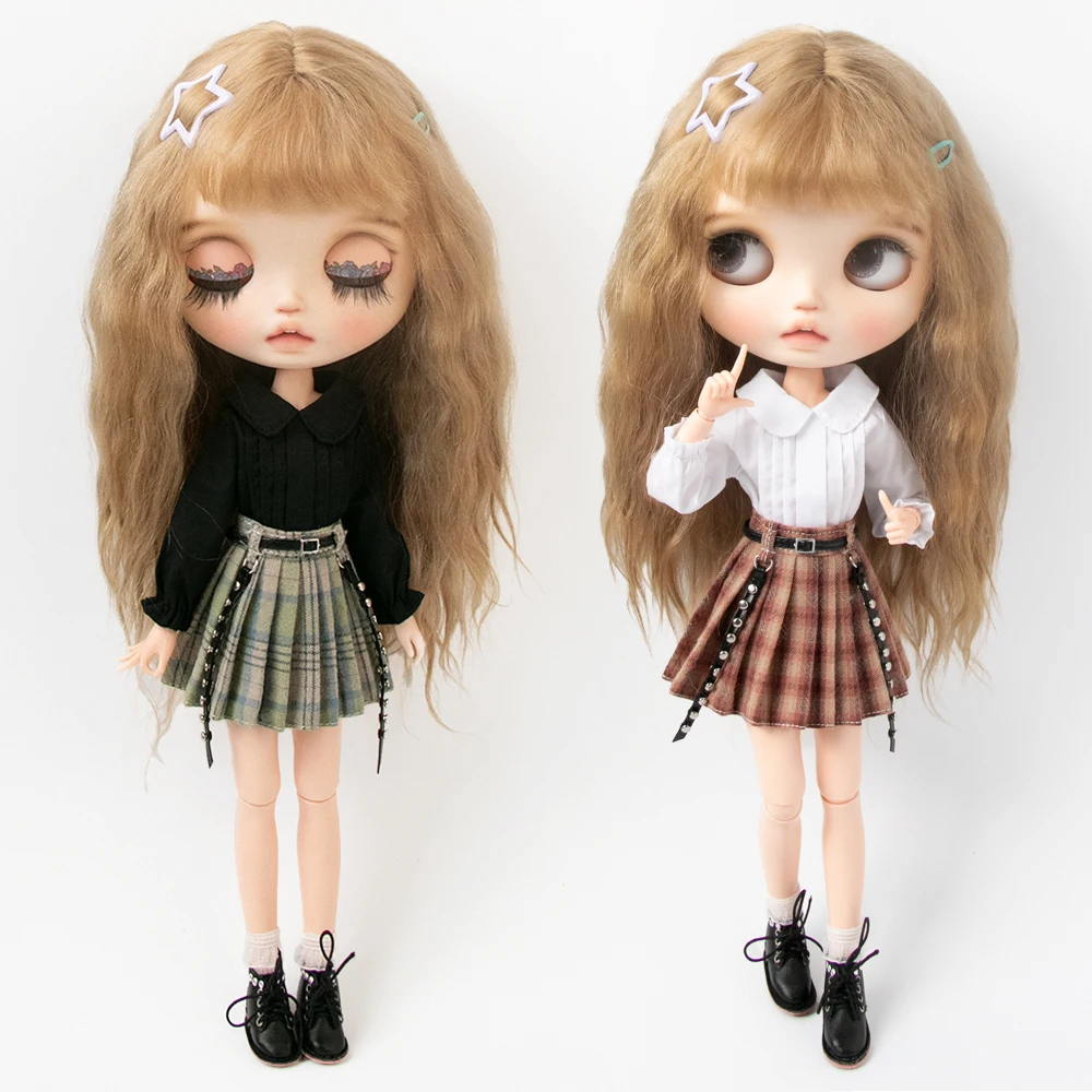 Blythe Kleidung Kariertes Plissee-Kleid Schulterfreies Top Tüllkleid Set Rüschenrock für Licca Azones Ob22 Ker YMY Puppenzubehör