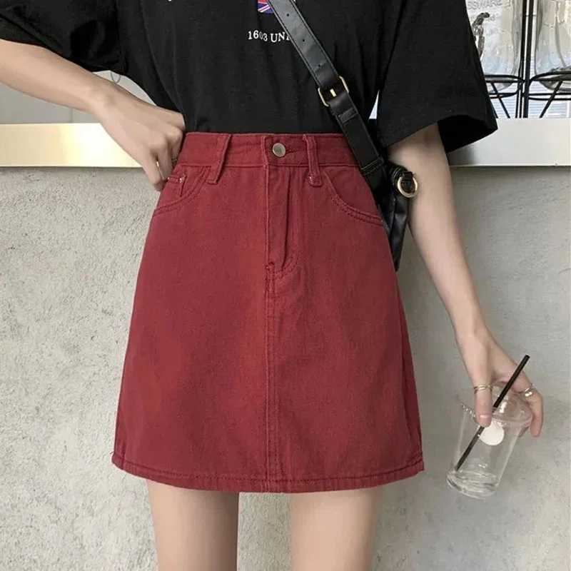 Dame classique Version coréenne Wrap hanche robe 2025 été femme vin rouge mince jean jupe femmes mode Slim Fit Denim jupe courte