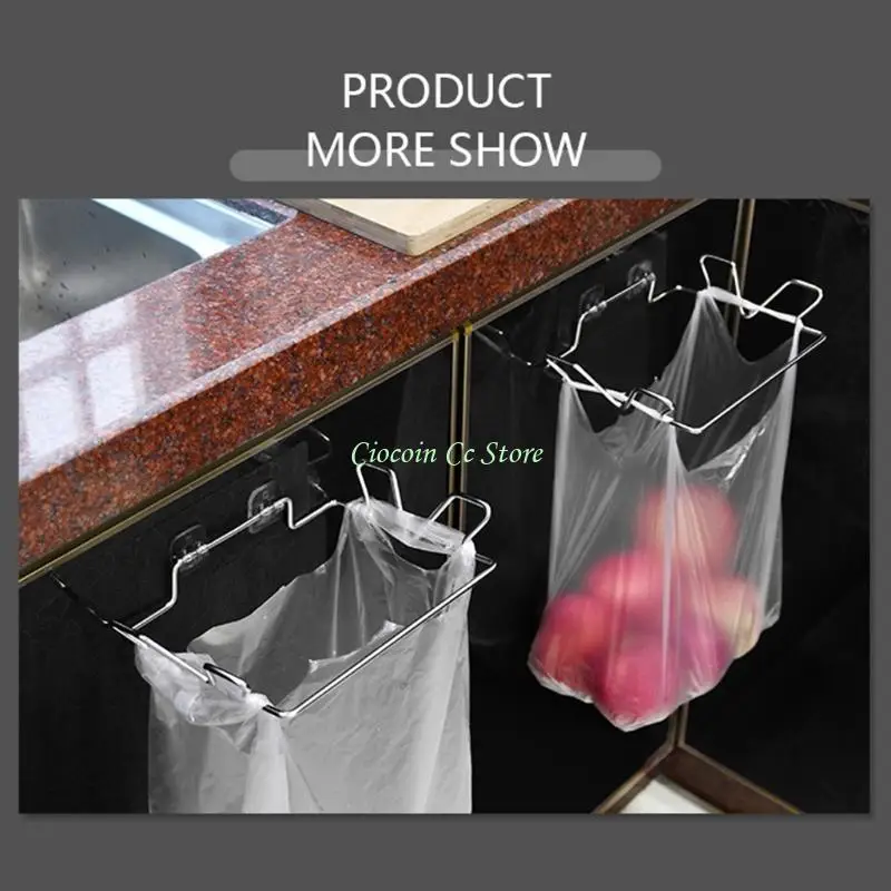 X90F Wall Mounted Stainless Steel Garbage Bag Holder Adhesive Hanging Trash Rack Multifunctional Punch-Free Towel Hanger Kitchen