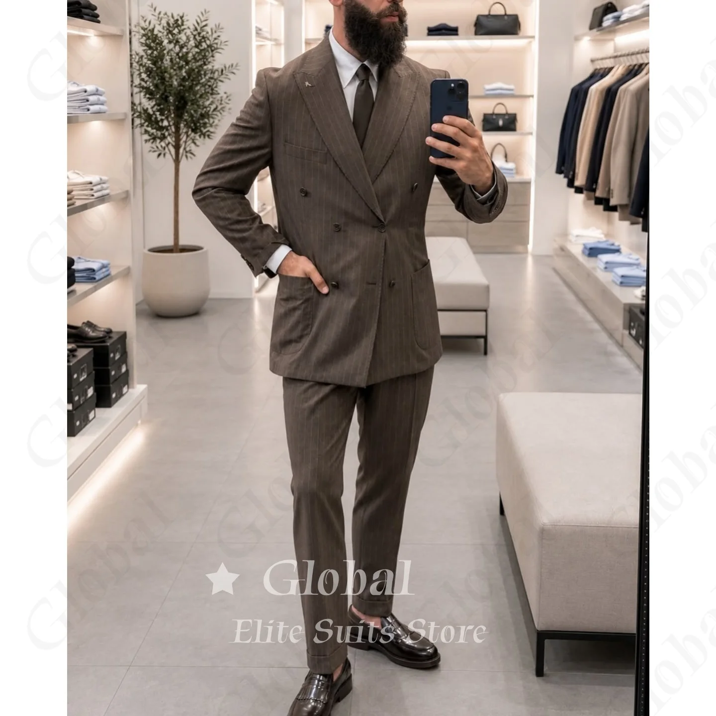 Vintage Dark Brown Pinstripe 2 Piece Double Breasted Blazer Trousers Business Office Wedding Tuxedo Formal Outfit Customized