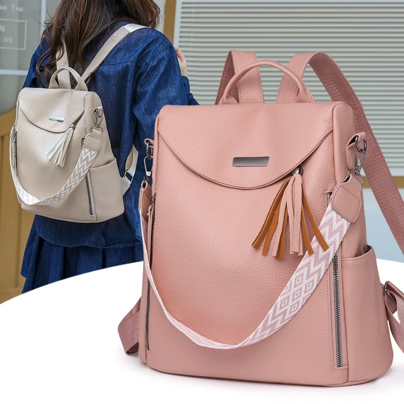 

New Women's Fashion Soft PU Leather Anti Theft Travel Backpacks High Capacity Multifunctional Backpack Casual Tassels School Bag