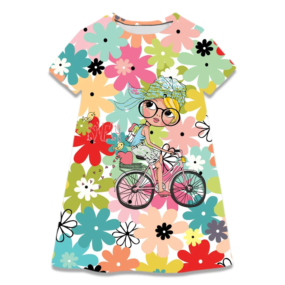 

Colorful Flower Simple Stroke Girls Casual Dress Cute Children Beach Dresses Summer Kid Home Wear Fashion Girl Festival Clothes