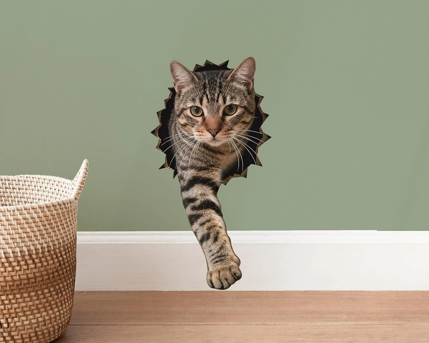 Broken‑Wall Tabby Cat Self‑Adhesive Decor Sticker Size 14.2x28.4cm Full Of Cute Fun Vibe