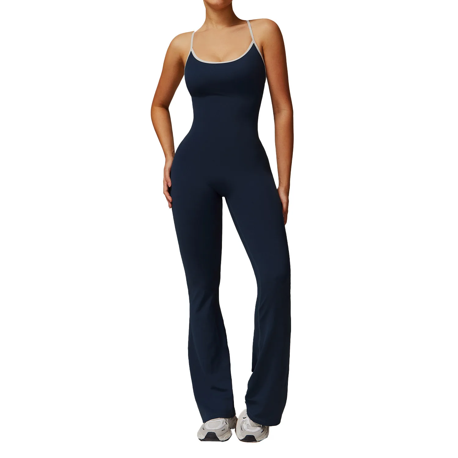 DINGPAI Women Contrast Trim Strap Yoga Jumpsuit Flare Leg One Piece Workout Bodysuit Tummy Control Gym Fitness Romper Activewear