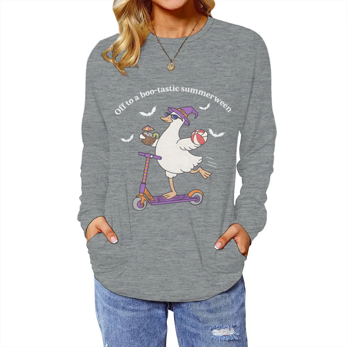 Fashion Halloween T-shirts Off To A Boo Tastic Summerween Funny Duck Graphic Tee Women Casual Long Sleeve Halloween Tshirts