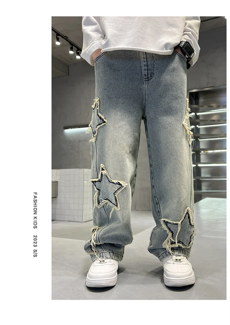 Koreanische Kinder-Jungen-Freizeitjeans mit Fünf-Punkt-Stern-Print, Denim-Hosen für Kinder, Bestseller, Jeans mit elastischem Bund, für Kinder von 5 bis 14 Jahren – Detail 6