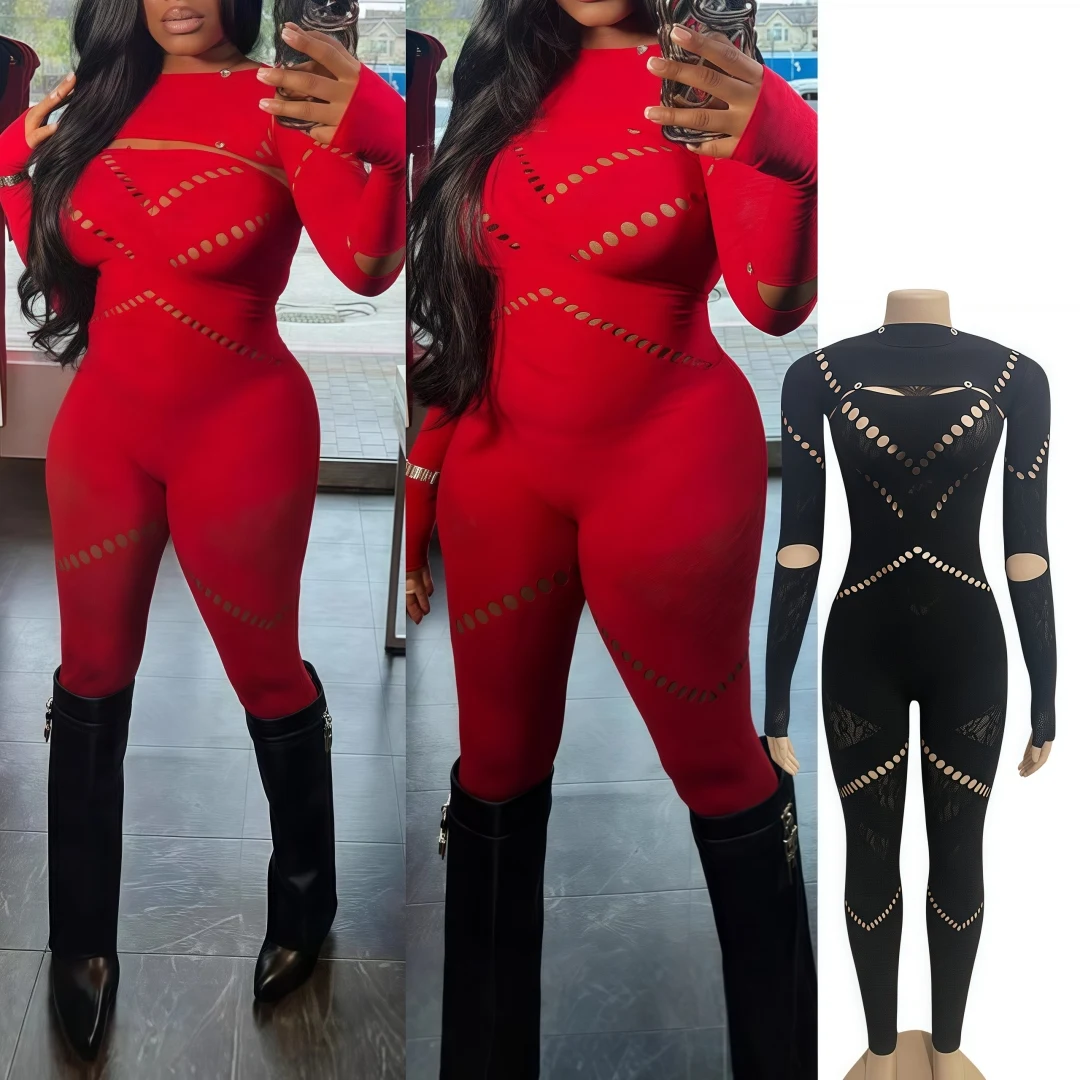 FAGADOER Hollow Out Sexy Bodycon Jumpsuits Women Mesh See Though Long Sleeve Bodycon Rompers Hot Girl Streetwear Overalls 2025