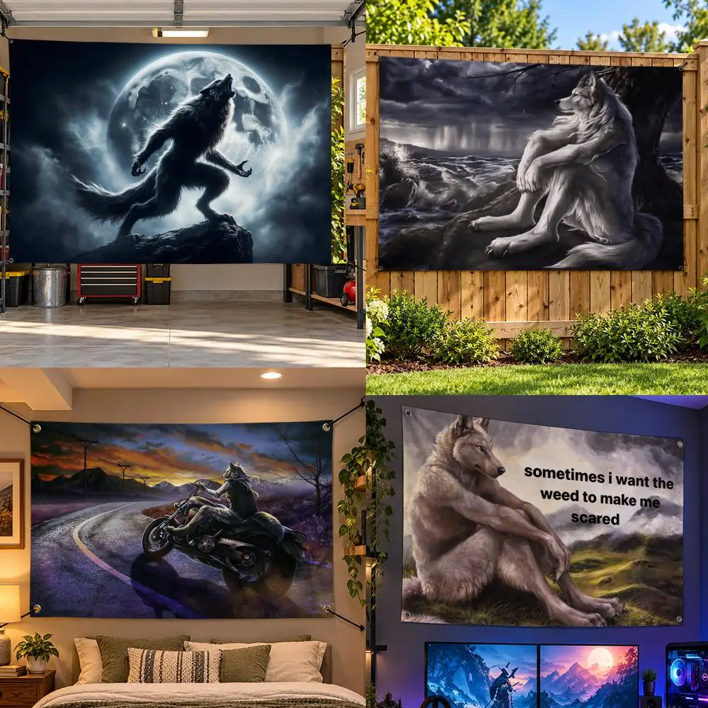 Animal E-Emo Sitting Werewolf Flags Wide Fabric Decor for Bedroom Dorm Gaming Garage Camping Porch Bar Fan Gift
