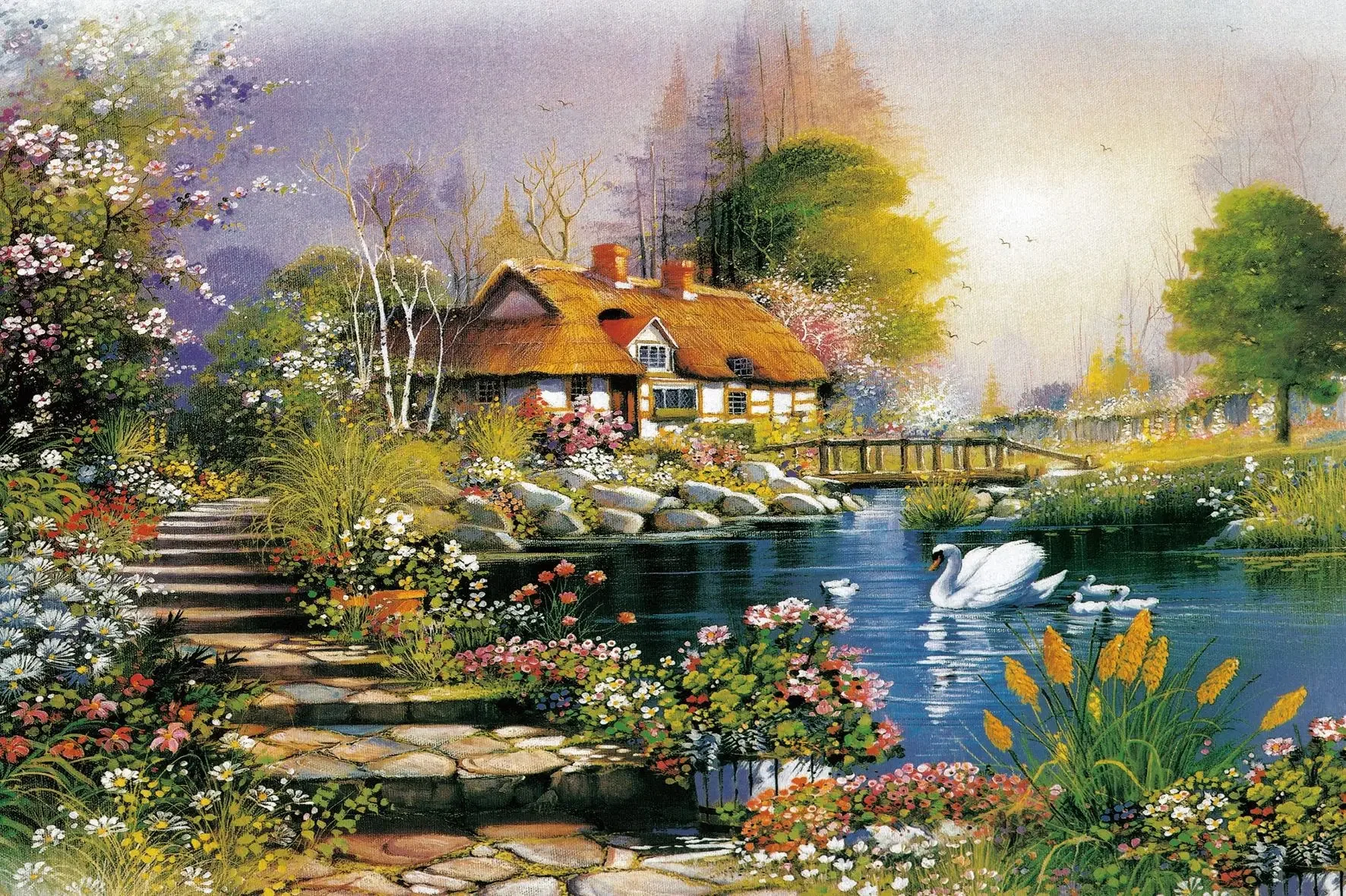 Scenery Paper Jigsaw Puzzle for Adults 500‑2000Pcs, Country House Flower Field Balloon Canyon Train, Stress Relief Toy
