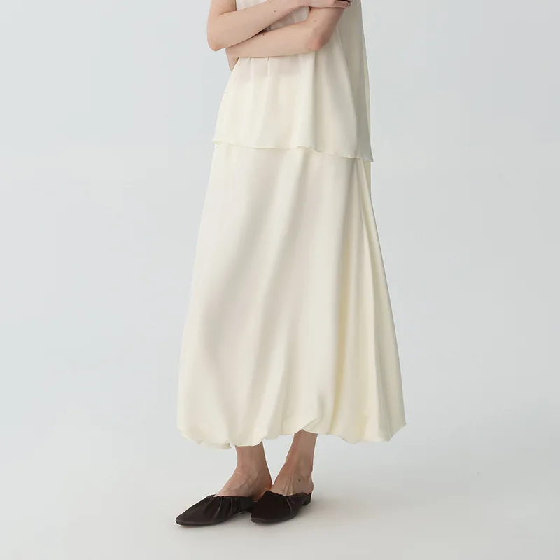 2026 100% Mulberry Silk Midi Skirt Women Bubble Hem Solid Color Luxury Elegant High Waist Flowy A Line Long Skirt Casual Bottoms