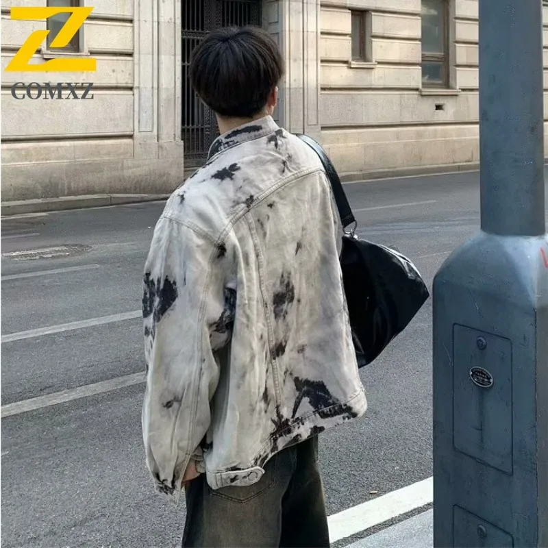 

COMXZ 2025 New Spring Autumn Tie - Dye Black Denim Jacket Men's High End Design Wide Street Style outdoor sports baseball Jacket