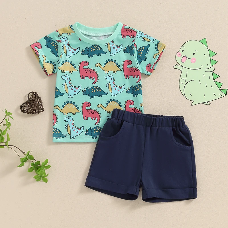 

VISgogo Toddler Boy Summer Outfit Short Sleeve Dinosaur Print Tops with Elastic Waist Solid Color Shorts 2 Pcs Clothes