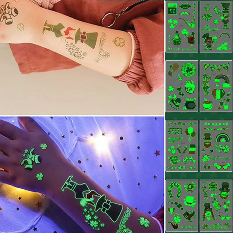 Luminous Tattoo Stickers St Patrick' s Day Irish Shamrock Leaf Temporary Waterproof False Tattoo for Body Hand Face Party Decal