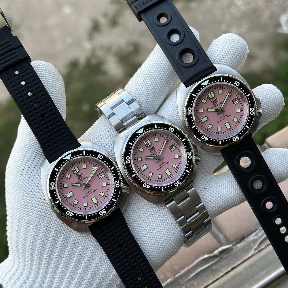 STEELDIVE SD1974 New 43.8mm Pink Dial Black Ceramic Bezel AR Coat Sapphire Glass Super Luminous NH35 Automatic 200m Dive Watch - view 6