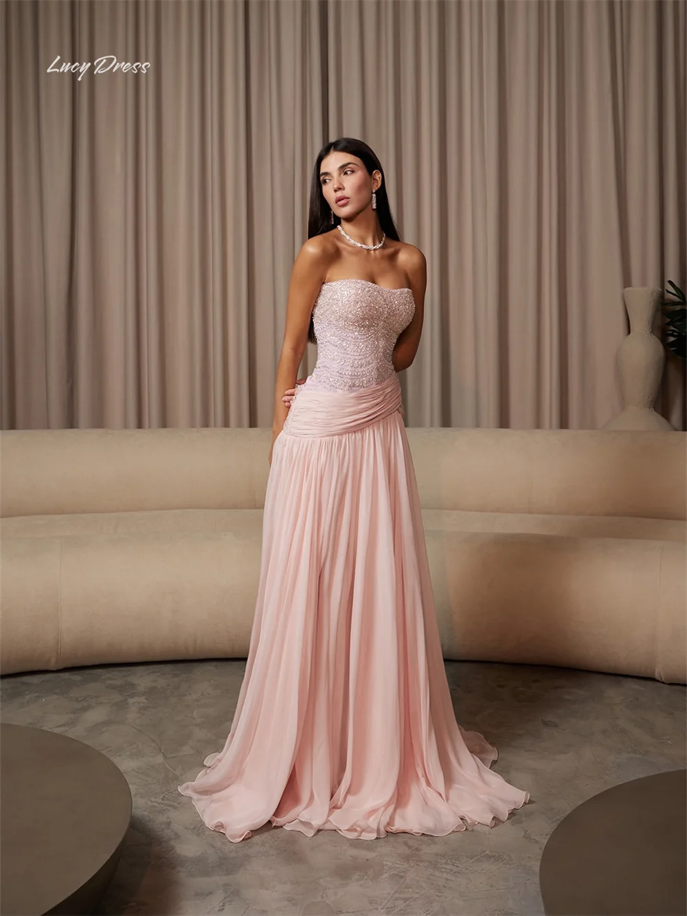 Lucy Chiffon Strapless pink A-Line Evening Dress 2026 Prom Dress Elegant Luxury Formal Sequined Customized Robes de Soirée