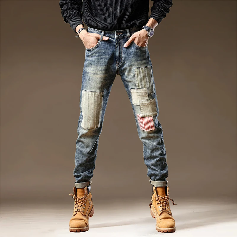

Tide needle sewing jeans men's splicing patch fashion Slim small straight leg heavy industry plump handsome personality pants