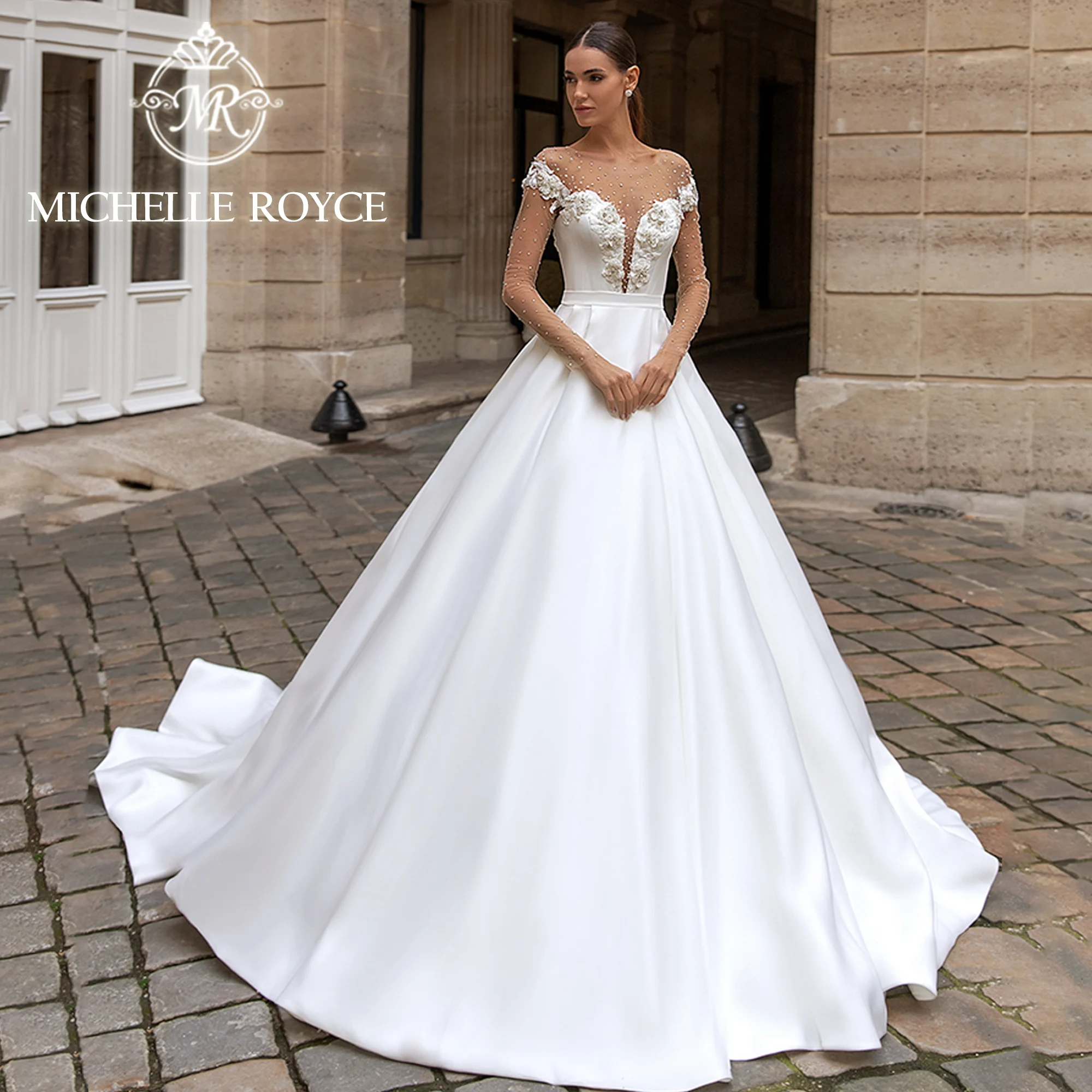 

Michelle Royce New Arrival Wedding Dress Elegant Sweetheart Appliques 3D Flowers Wedding Gown Vestidos Novias De Saten