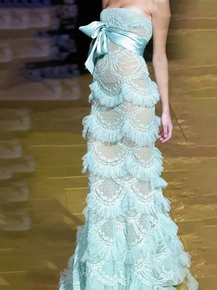 

Chic Strapless Tiered Sky Blue Sleeveless Bow Straight Formal Evening Dresses Birthday Party Prom Gowns Customized