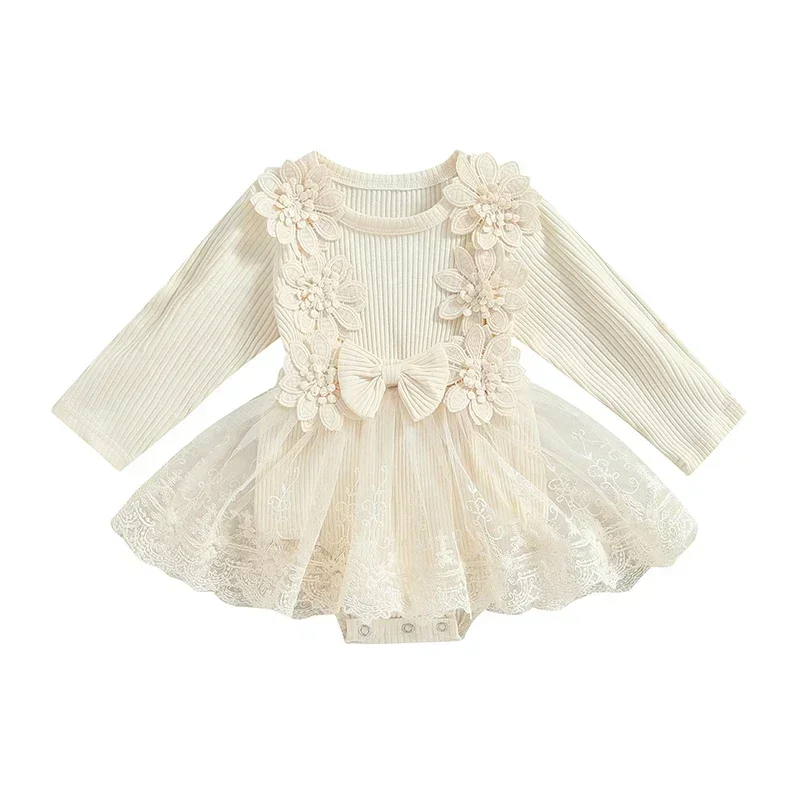 

VISgogo Baby Girls Romper Dress Long Sleeve Crew Neck Flower Bow Tulle Patchwork Knit Bodysuit Fall Clothes for Daily Party
