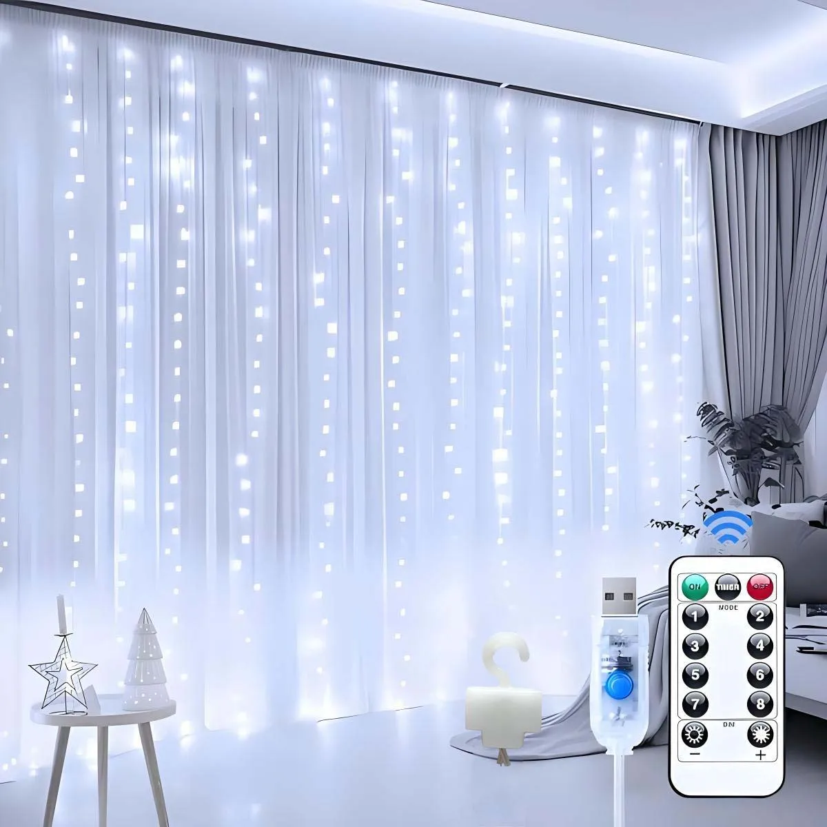 1個のLEDカーテンライト、USB電源、リモコン付き、8つの点滅モード、ホリデーデコレーション、誕生日&結婚式の装飾、クリスマスデコレーションライトに最適