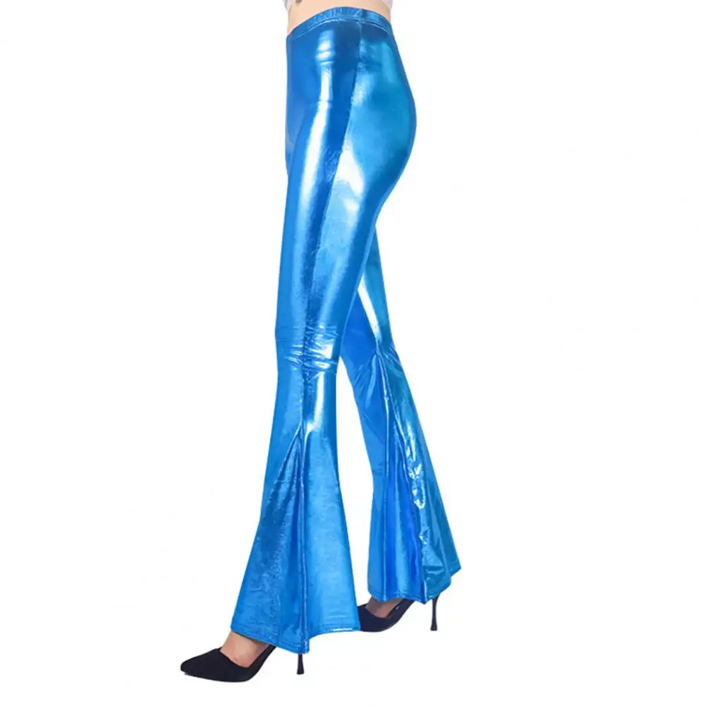 

Glossy Surface Pants Women Pants Elegant Women's Flared Pants for Performances Parties Mid-rise Imitation Leather Trousers